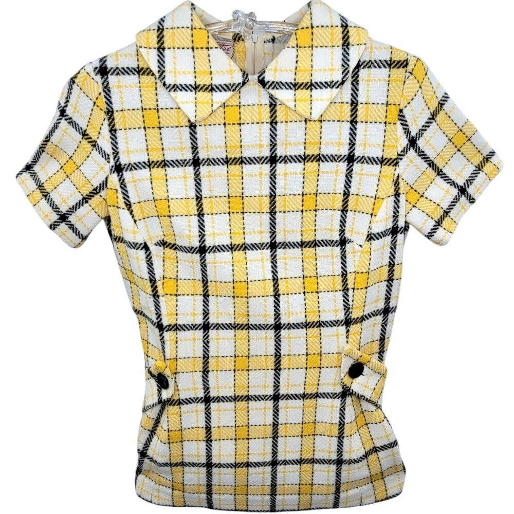 Fritzi of California Vintage 60s Plaid‎ Short Sleeve Collared Zip Back Top Retro